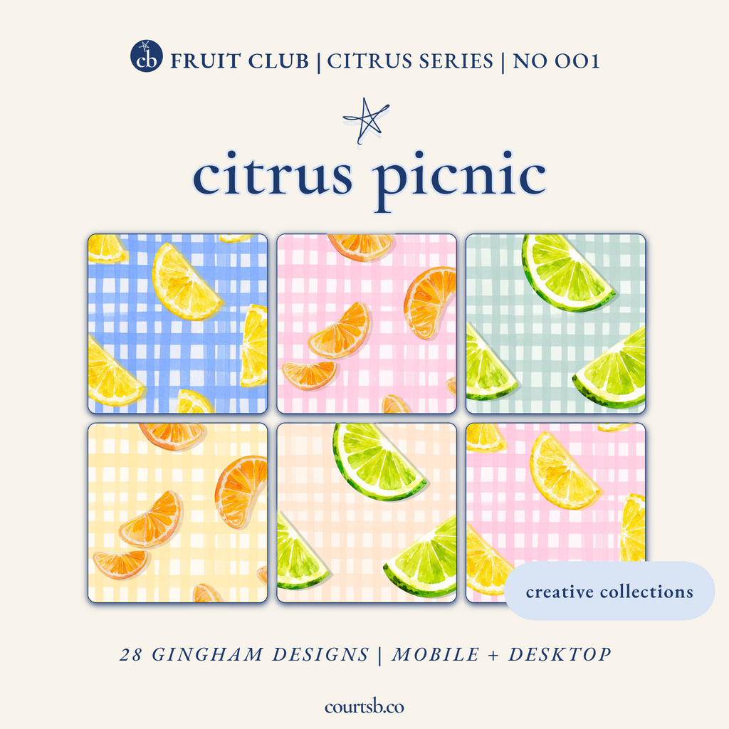 Citrus Picnic Pack wallpaper collage — hand-painted gingham patterns for phone and desktop