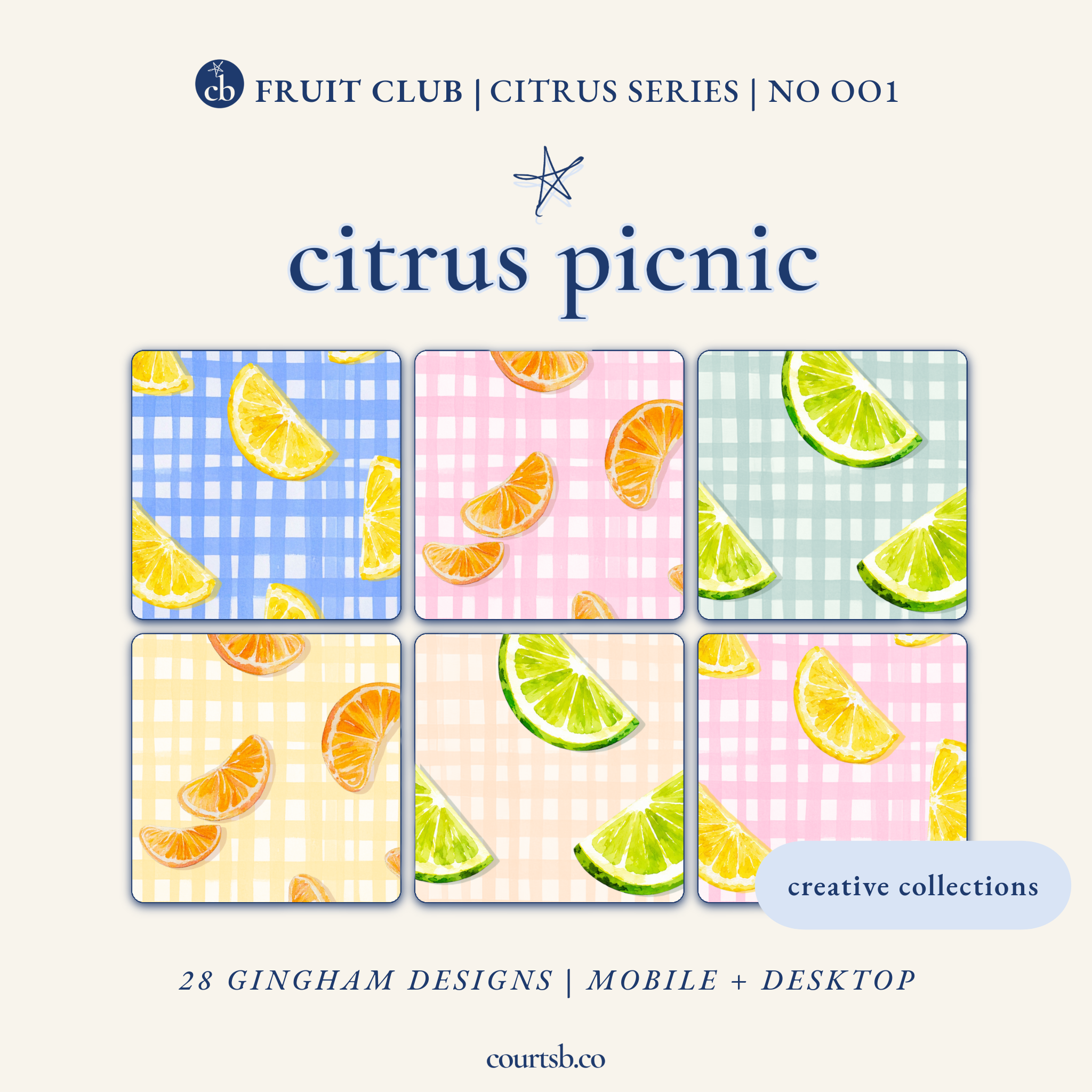 Citrus Picnic Pack wallpaper collage — hand-painted gingham patterns for phone and desktop