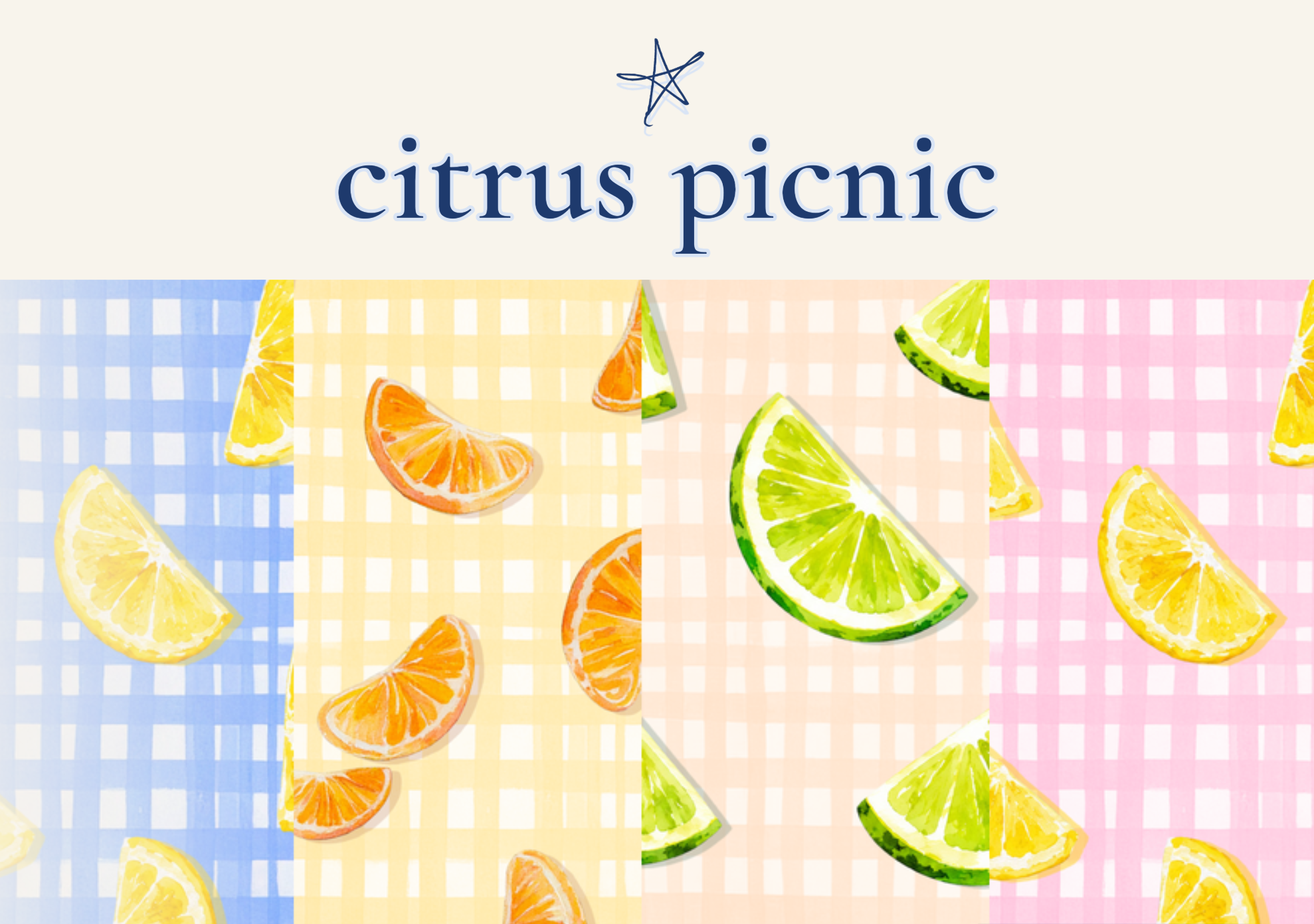Citrus Picnic Pack wallpaper preview slideshow — gingham picnic patterns