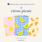 Citrus Picnic Pack hero — gingham wallpaper collection in sky, sun, peach, grass and blush