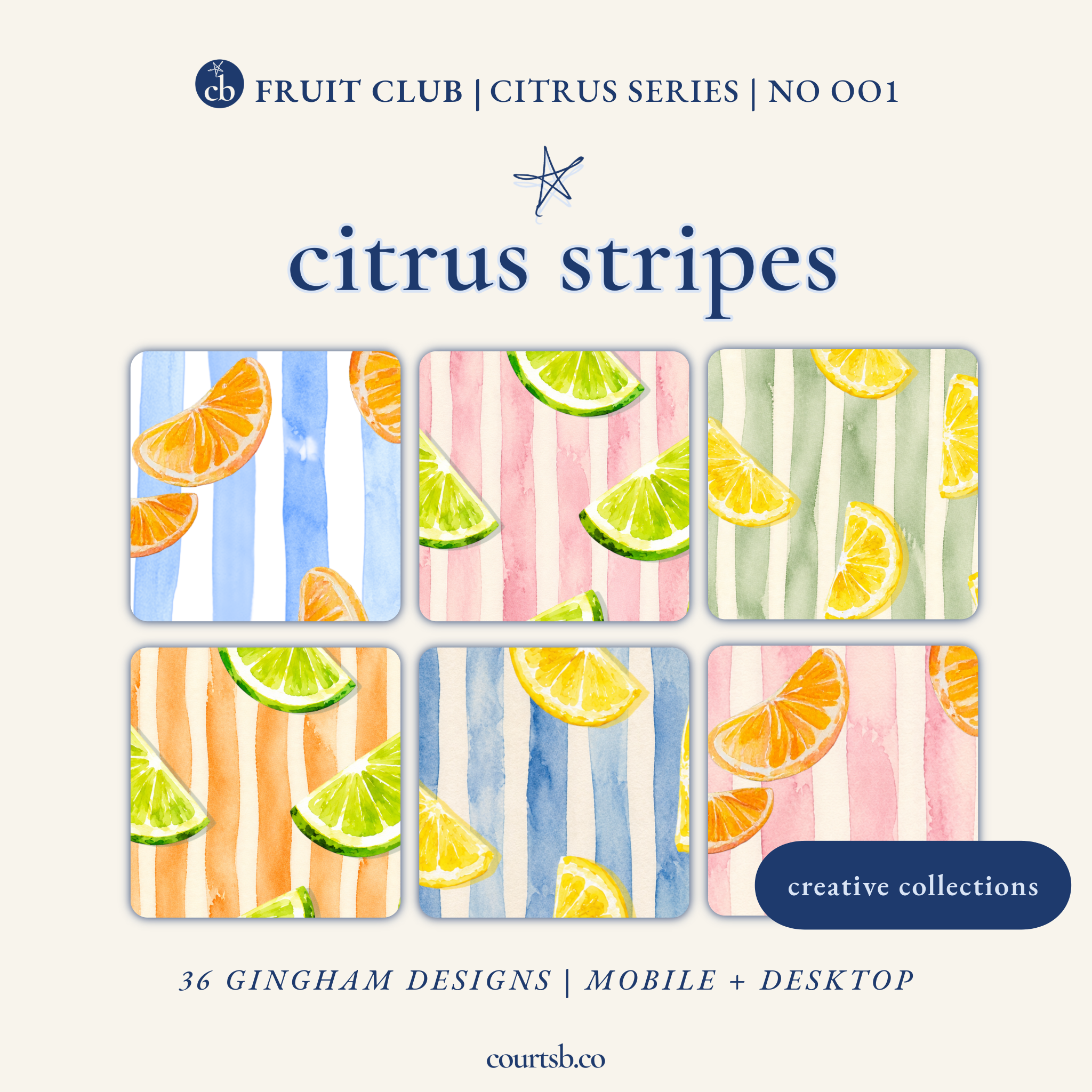 Citrus Stripes Pack wallpaper grid — ocean, blush, sunshine, tangerine, sage, cleanblue